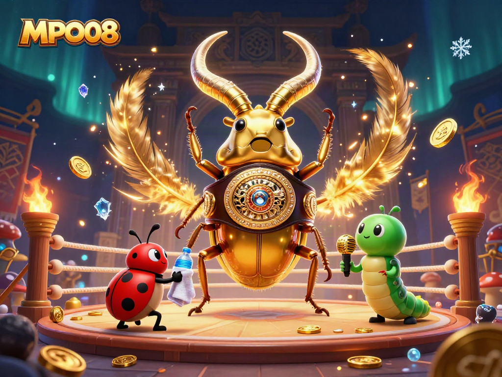 MPO08 players engage in dynamic action, featuring a giant beetle boxer and vibrant casino elements.