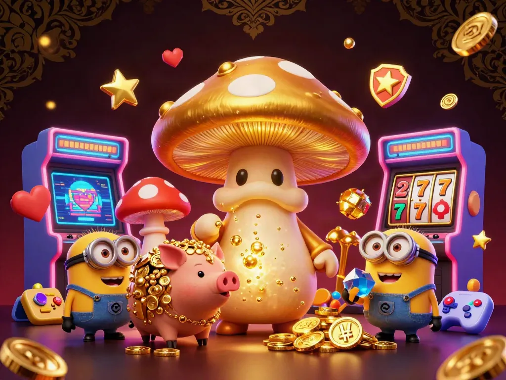 Visualisasi slot gacor dengan karakter si penyihir cendawan emas dan elemen permainan kasino lainnya.