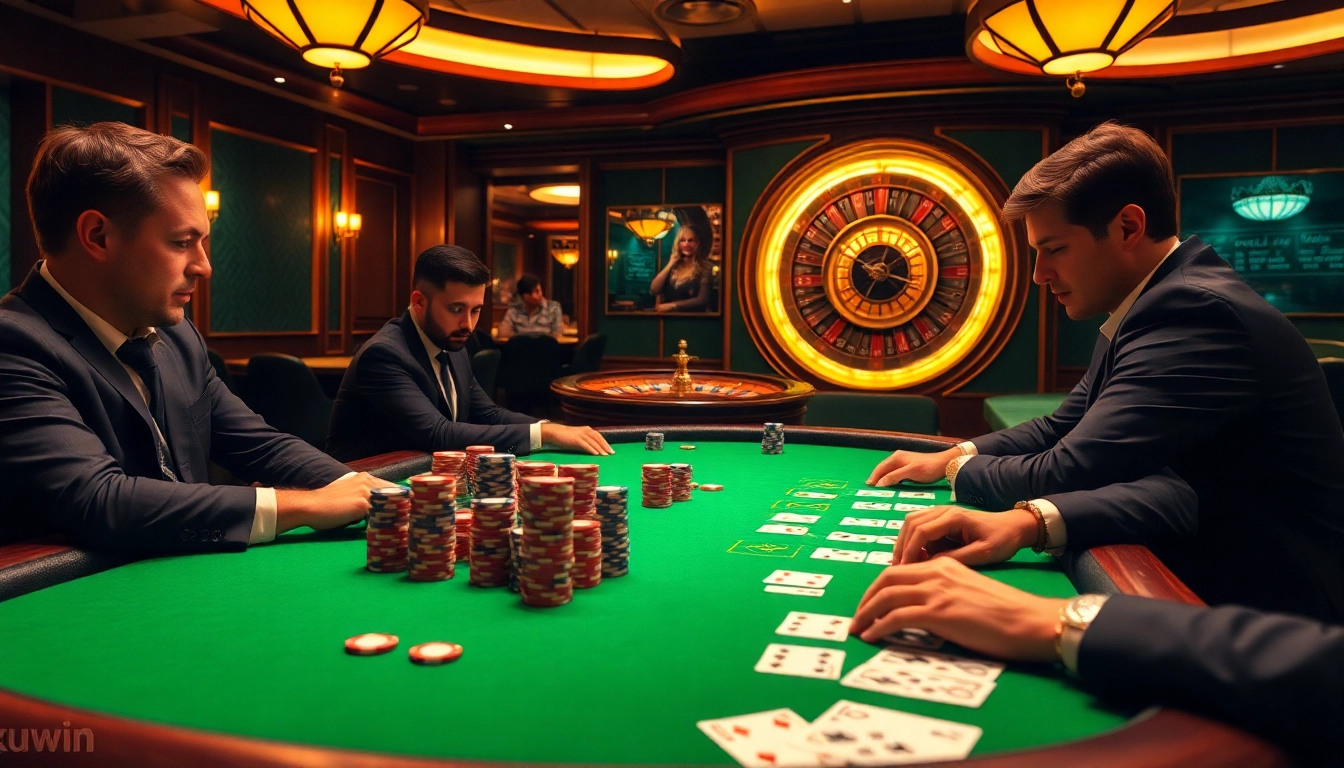 Kuwin poker scene with players strategizing over cards and chips in a luxury casino setting.