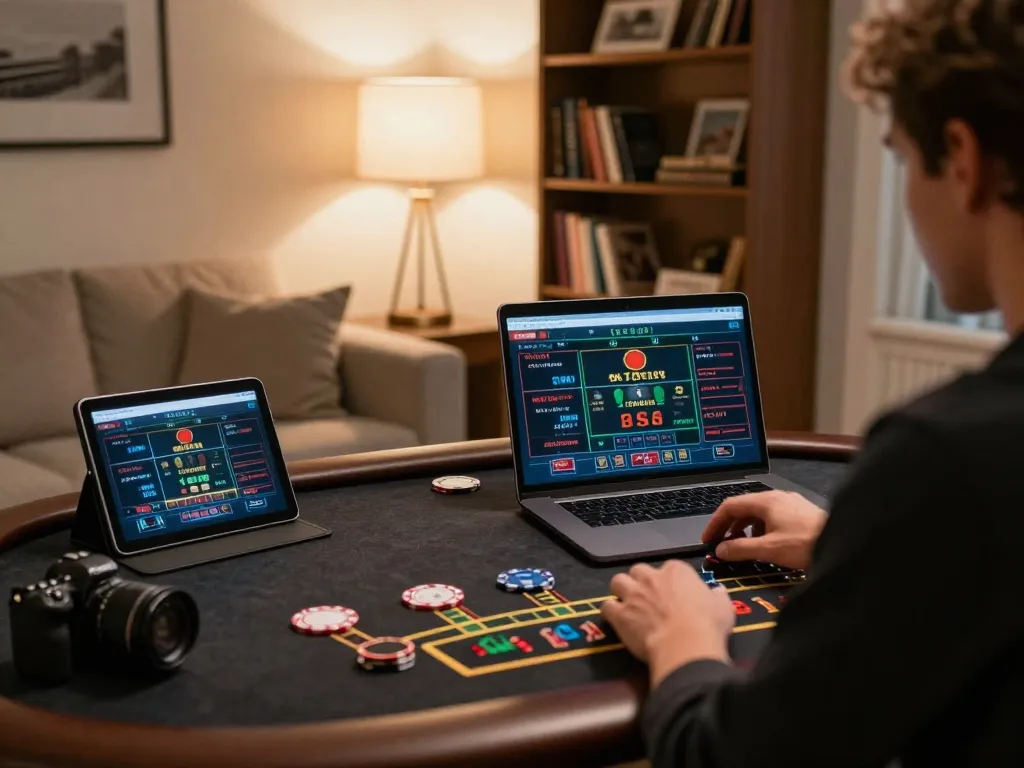 Engaging in an online blackjack game at UU88, showcasing a cozy living room setup.