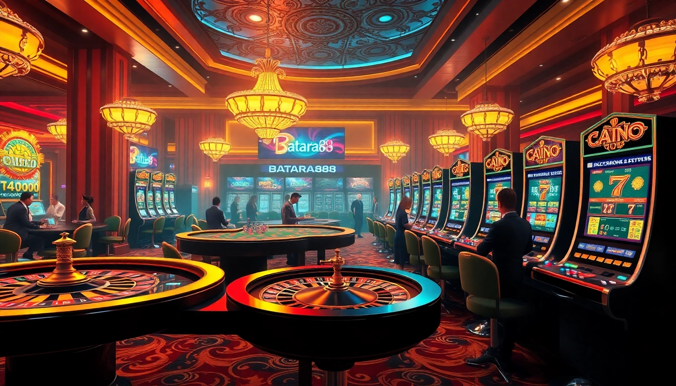 Batara88 online gambling features players engaging with vibrant casino tables and slot machines.