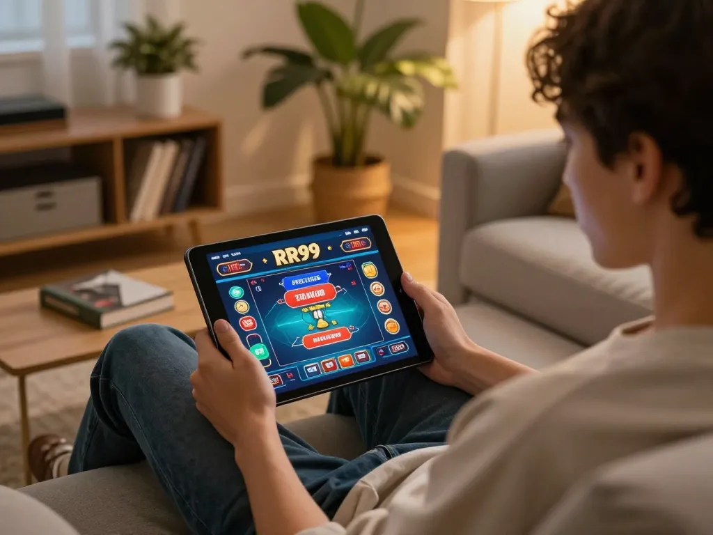 Engaged player enjoying live dealer games on RR99 casino app in a cozy home setup.