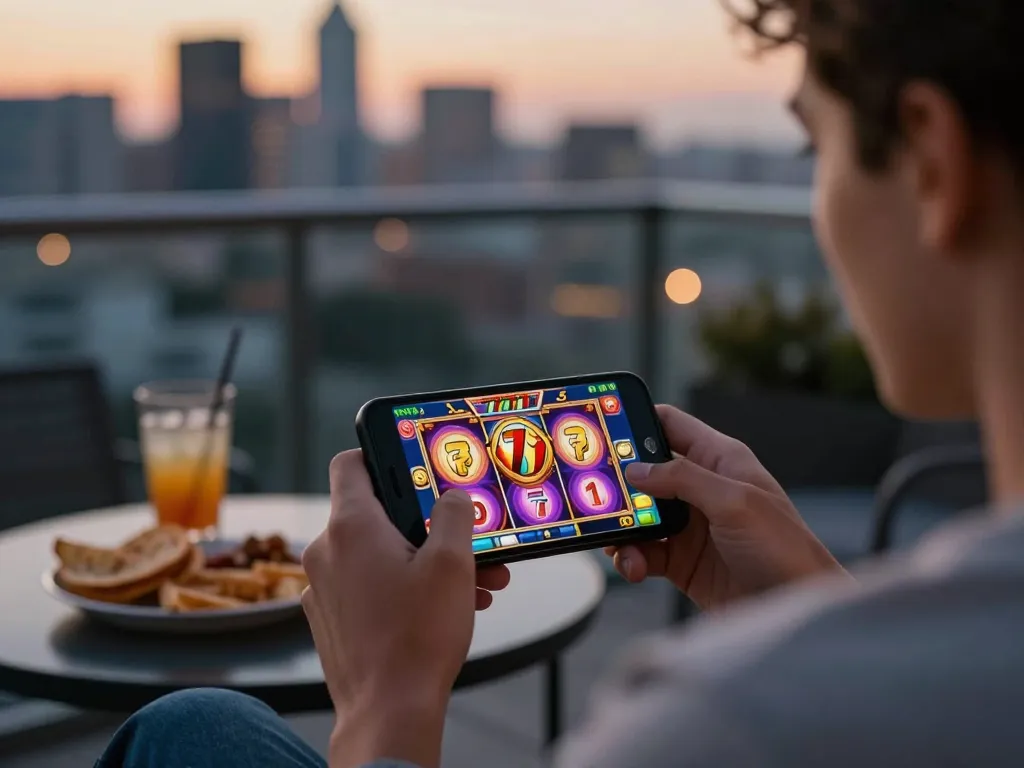 Engaging in slot777 gameplay on smartphone, relaxing with city views and snacks.