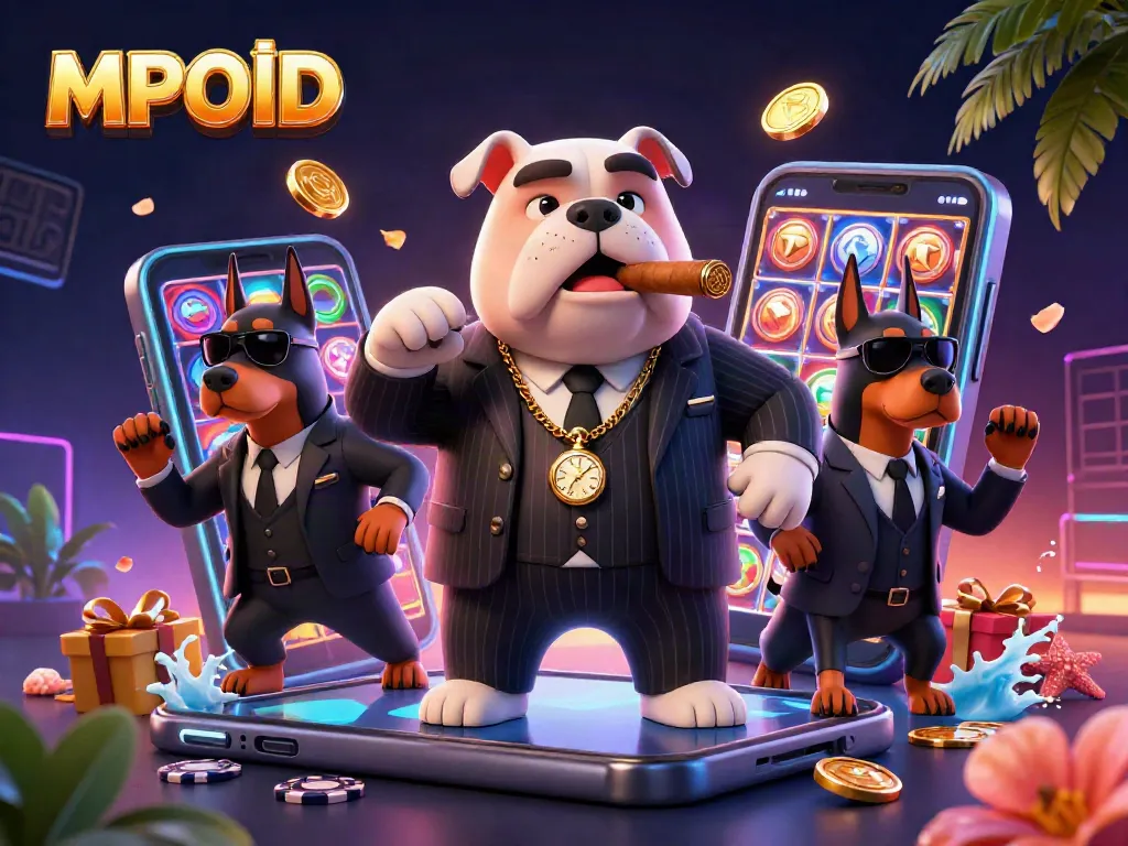 MPOID showcases a vibrant casino scene with a mafia bulldog, bodyguards, and colorful gaming elements.