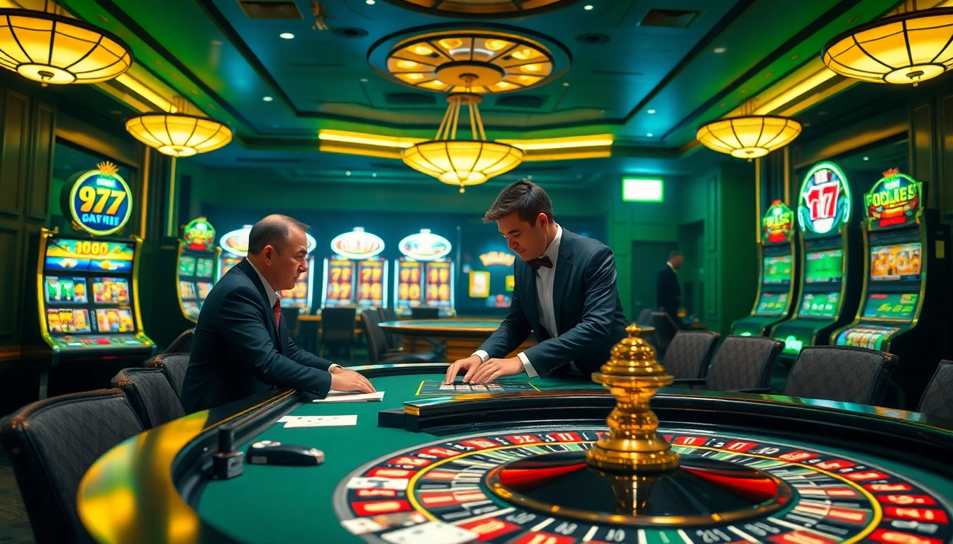 Bola gila players betting at a high-stakes casino table with vibrant slots behind.