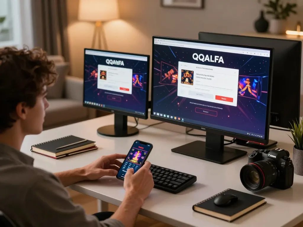 Using QQALFA login on multiple screens during a luxury online gaming session at home.