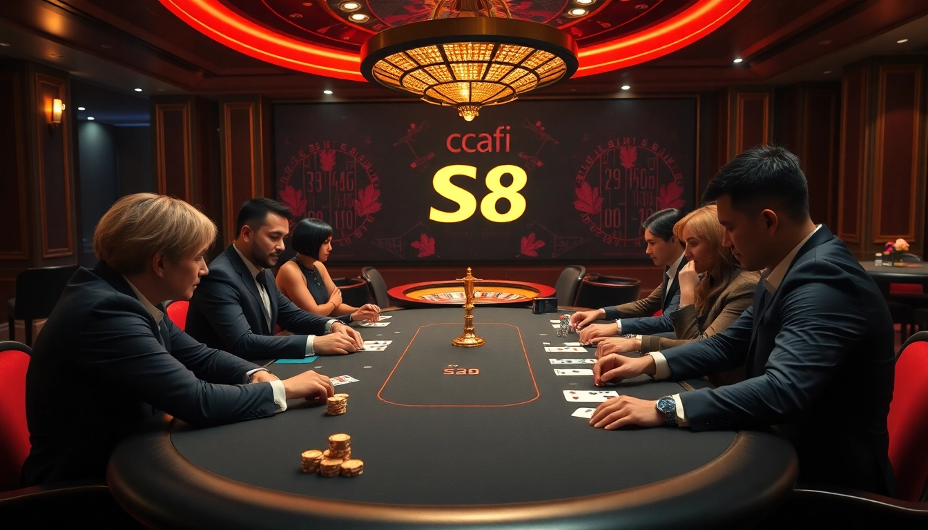Exciting poker game scene at Nhà cái S8 with vibrant chips and professional players.
