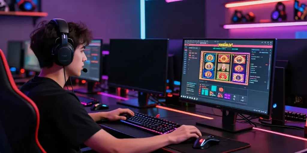 Pengalaman bermain Harumslot dalam suasana kasino online yang dinamis dengan pemain berfokus pada layar komputer.