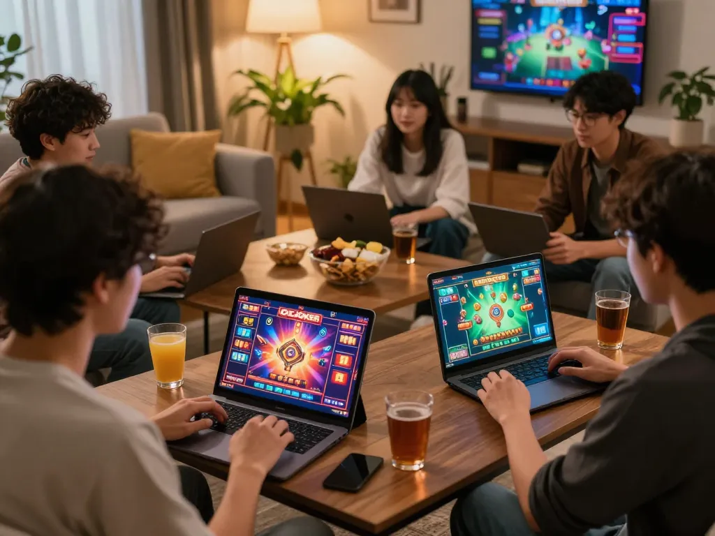 IDCJOKER players engaging with colorful slots on their devices in a cozy home setting