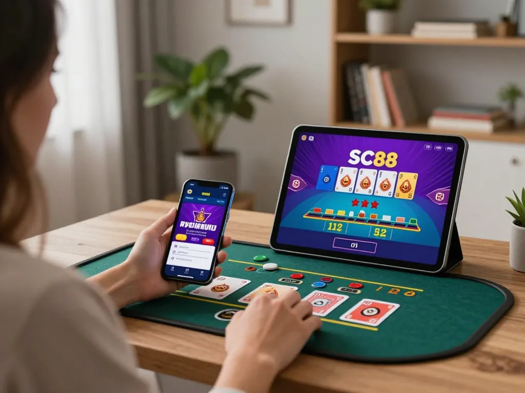 Engaging with the SC88 app on smartphone while enjoying a cozy home gaming experience