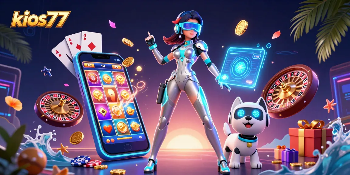 Kios77 players exploring thrilling casino games with holographic displays amidst stunning visuals.