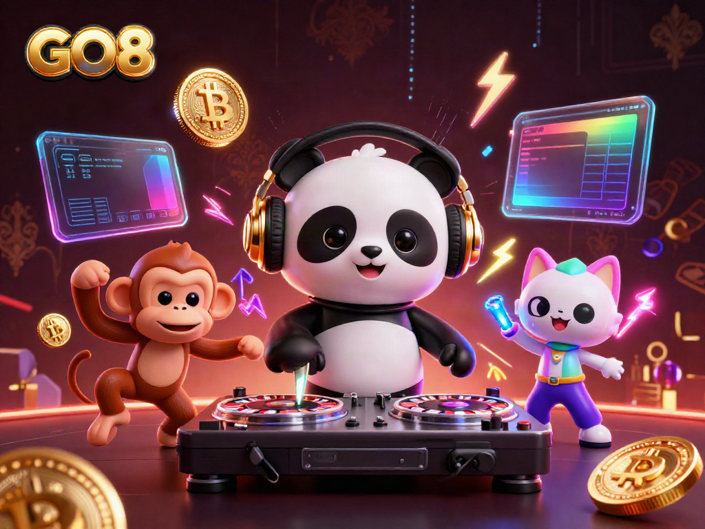 Engaging GO8-themed illustration showcasing dynamic casino elements and fun characters.