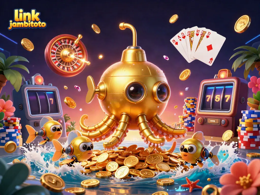 Experience the thrill of link jambitoto with a vibrant illustration of a kraken submarine amidst gold coins and casino elements.