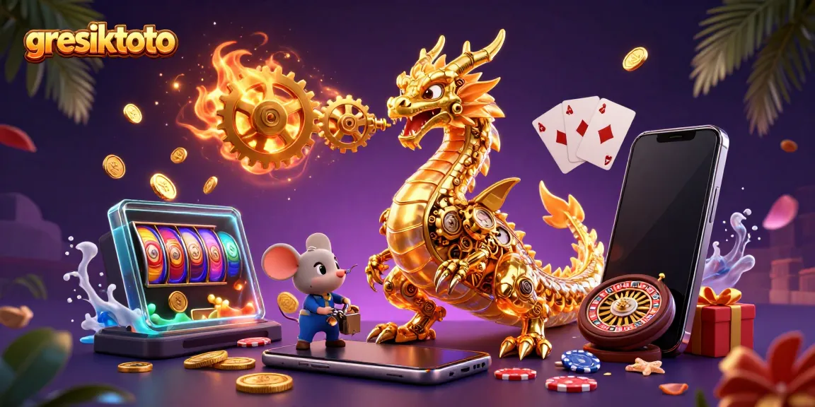 Experience the thrilling atmosphere of gresiktoto with a vibrant 3D casino scene full of game elements.