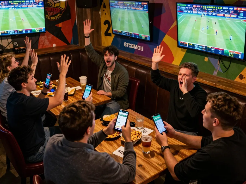 Cheering friends enjoy sports betting with their devices at a lively bar while engaging in group dynamics, highlighting vua 88.