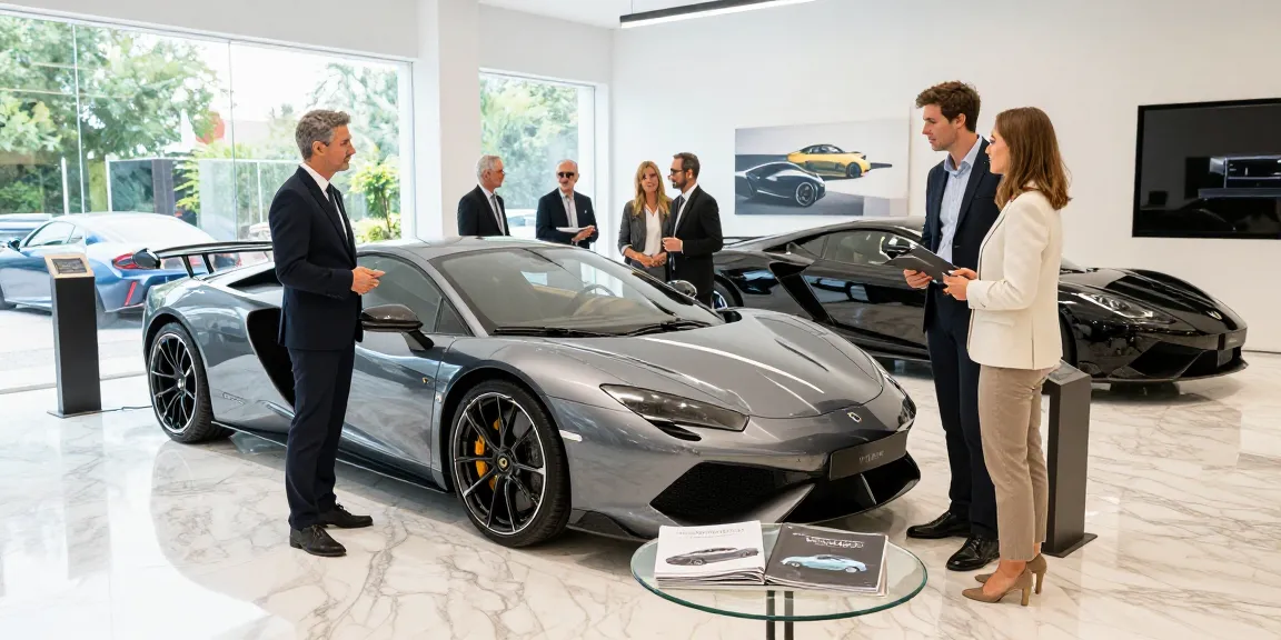 Pengalaman LUXURY 777 di showroom mobil mewah dengan pelanggan terpesona.
