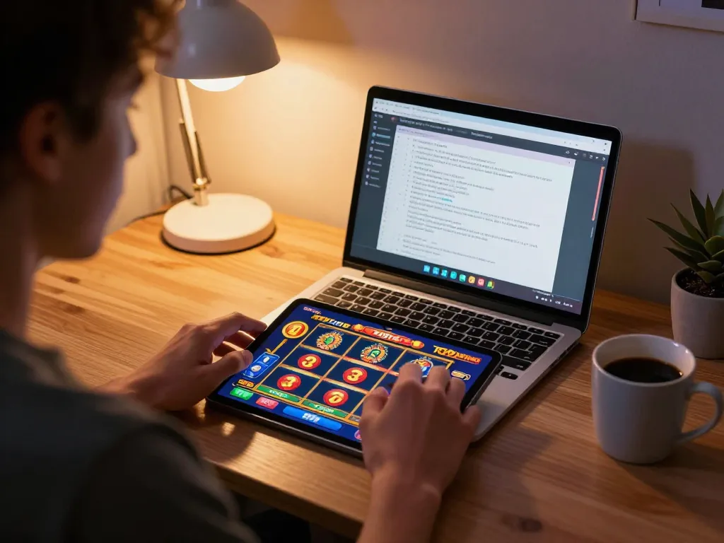 Engaging in a thrilling toto slot game on a tablet at a stylish home office