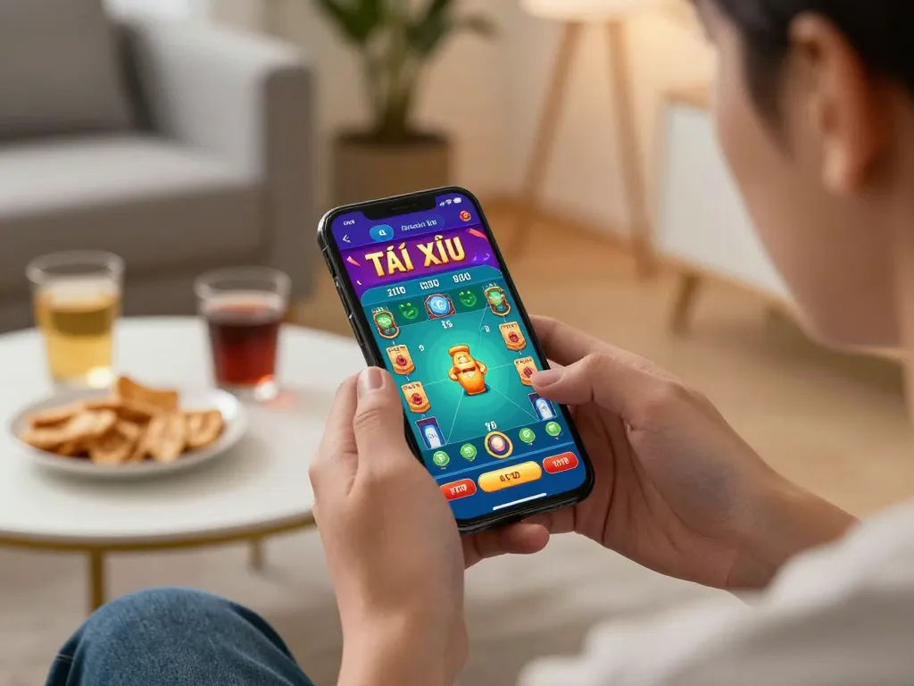 Tài Xỉu player engaging in a mobile gaming session in a cozy home environment.