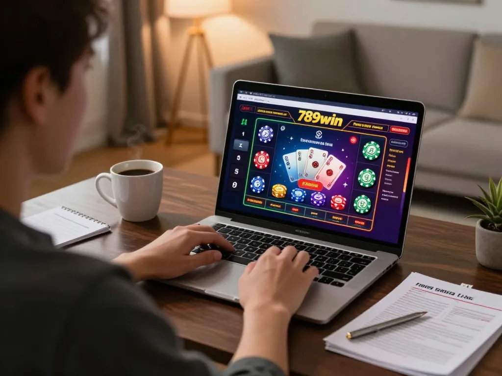 Engaging online betting session at 789win com with vibrant casino game interface and cozy home setup.
