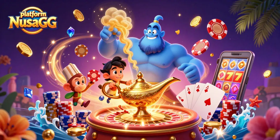 Engage with platform NusaGG through a vibrant illustration showcasing lively casino elements and characters.