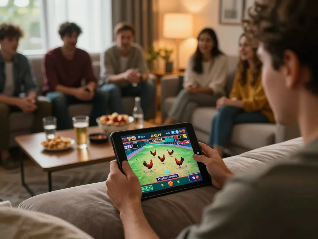 Engaged in đá gà casino on tablet with friends in a cozy living room setting.
