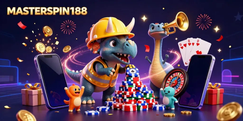 Engage with MASTERSPIN188's vibrant slot gaming scene, showcasing a triceratops and parasaurolophus amidst celebratory casino elements.