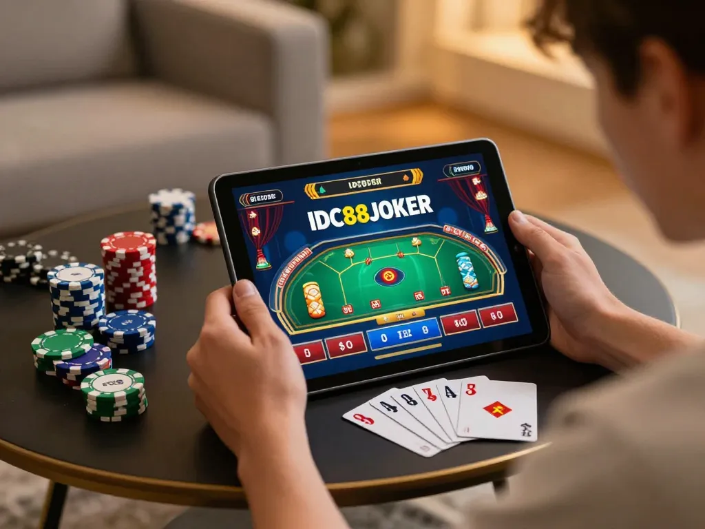 Engaging gameplay on IDC88JOKER app with cards and chips in a cozy home environment