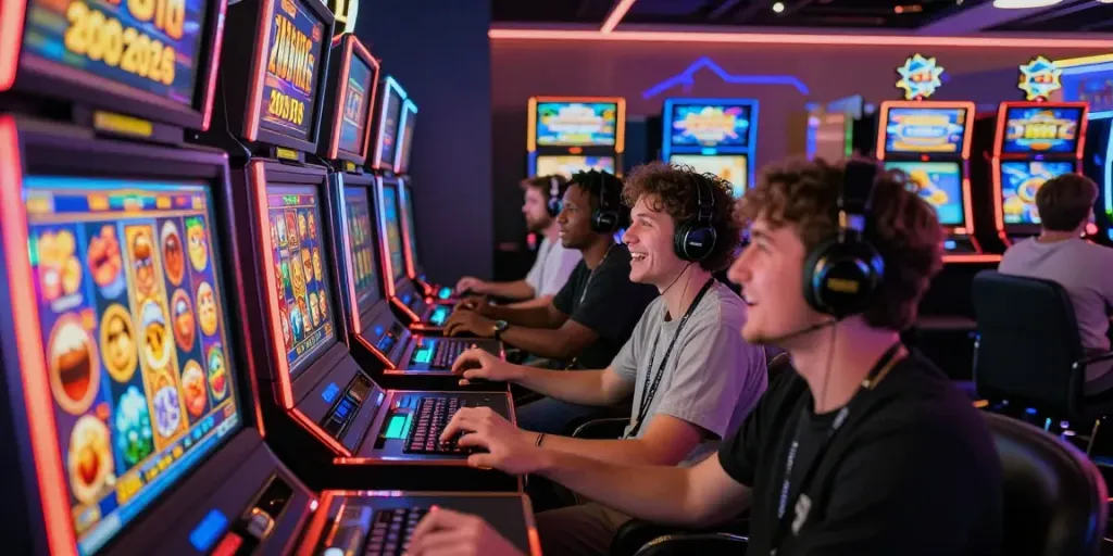Pengguna bermain SLOT GACOR di platform kasino online yang semarak dengan tampilan warna-warni dan animasi yang menarik.