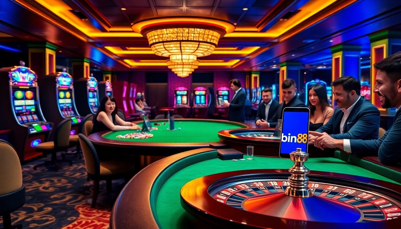 Players enjoying a thrilling gaming experience at Bin88 casino tables with vibrant chips and slot machines.