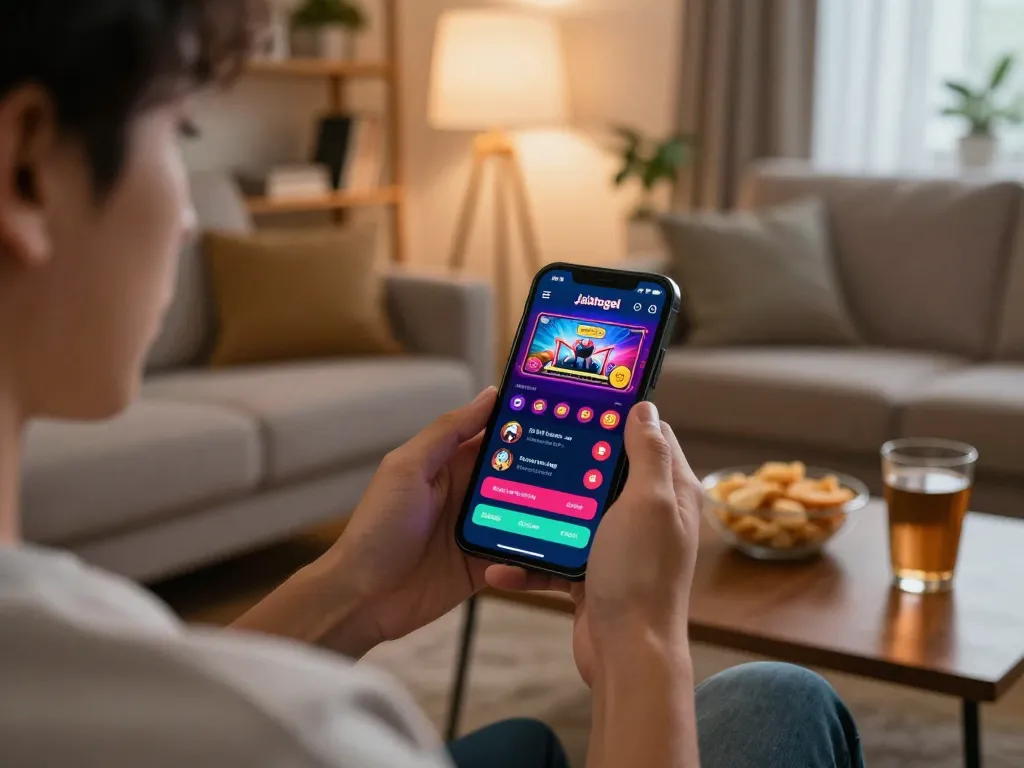Berkeliling dengan aplikasi jalatogel di smartphone dalam pengaturan rumah yang nyaman sambil menikmati makanan ringan dan minuman.