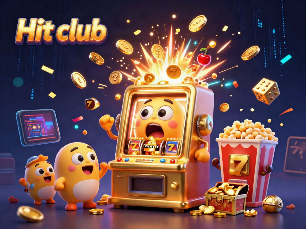 Hit club slot machine celebrates hitting a jackpot, surrounded by cheering machines and festive confetti.