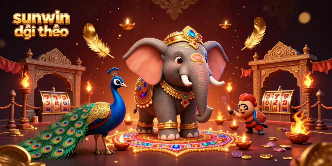 Experience the thrill of sunwin đổi thưởng with a vibrant casino scene featuring a festive elephant and peacock.