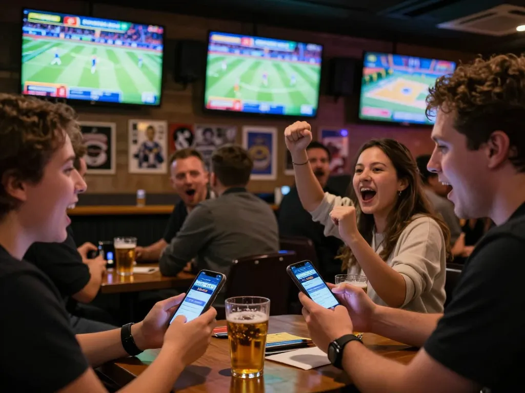 Placing sports bets on Net88 app in an energetic sports bar environment with lively patrons.