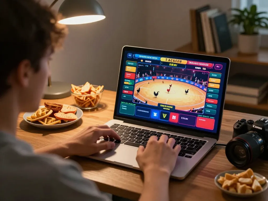 Wala88 user placing bets during a live cockfighting stream on their laptop in a cozy home office.