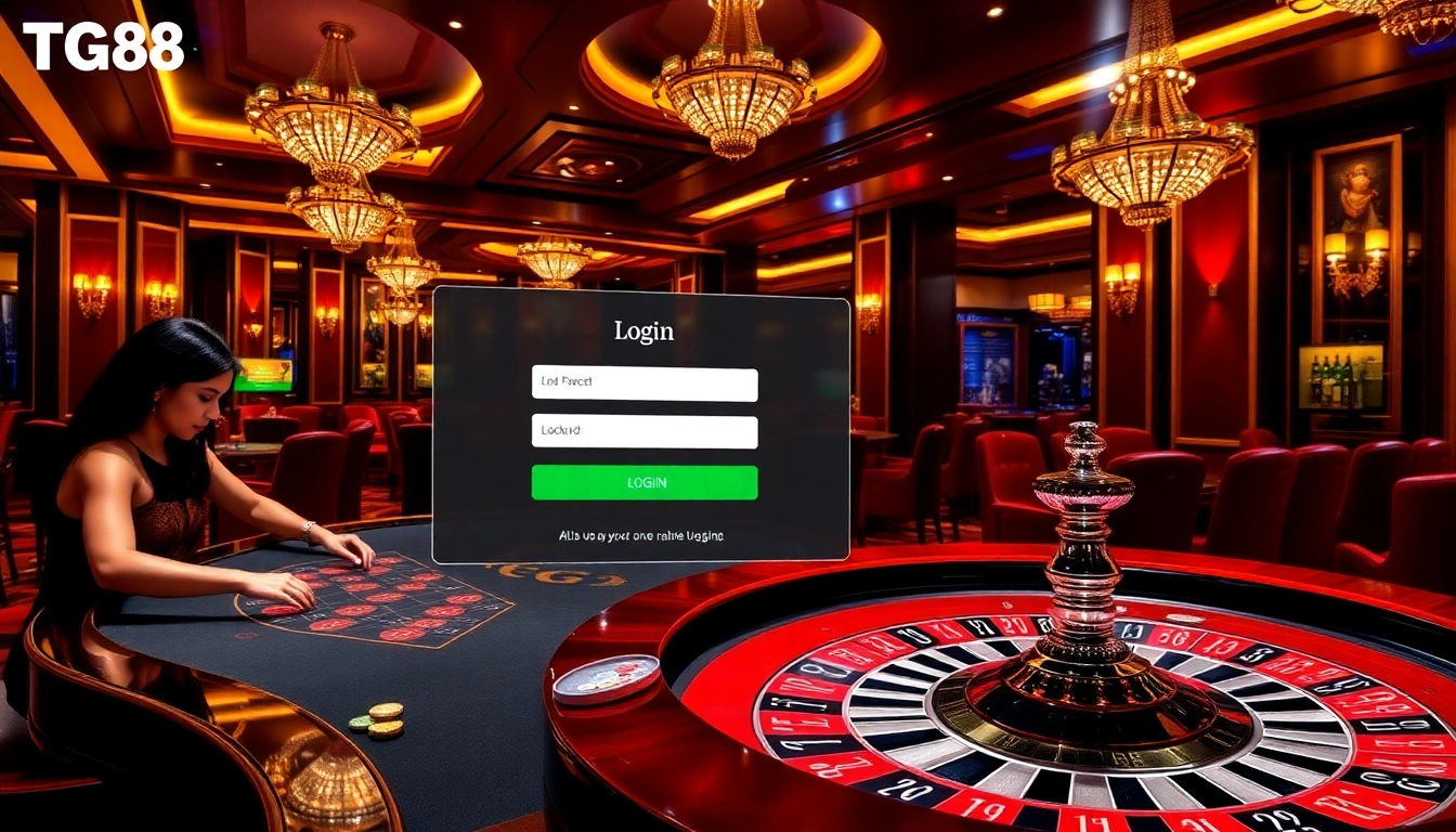 Elevate your gaming experience at TG88 đăng nhập with an elegant casino setting featuring poker players and a roulette wheel.
