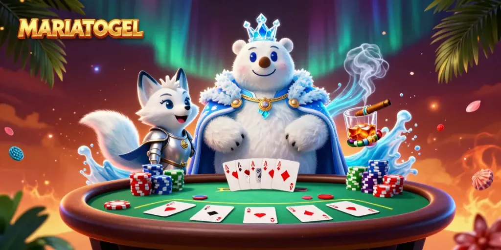 Engage with MARIATOGEL's vibrant casino scene featuring royal characters surrounded by dynamic poker elements.