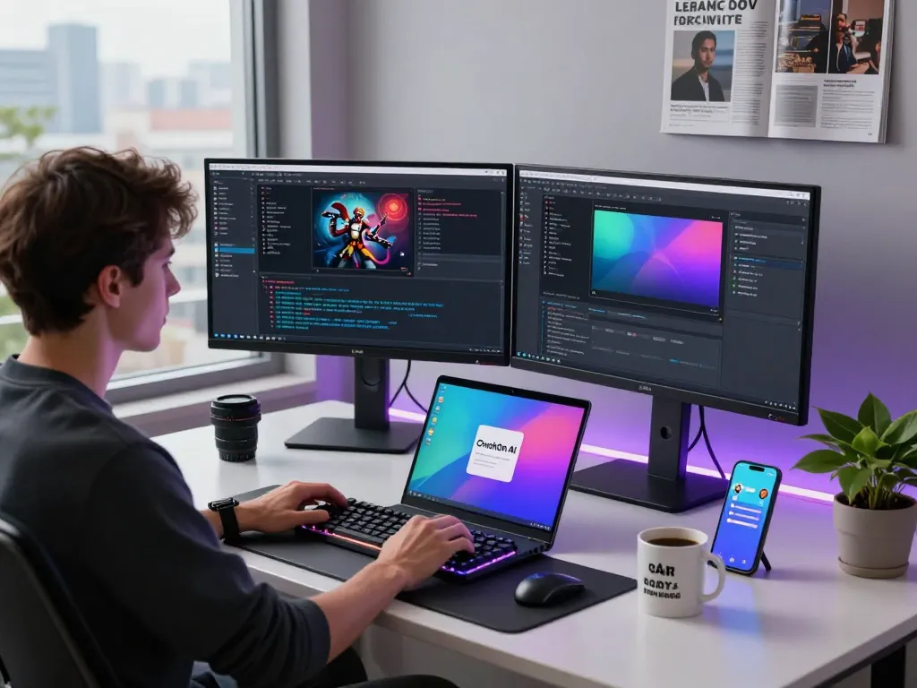 CrushOn AI developer engaged in character creation at a high-tech workspace.