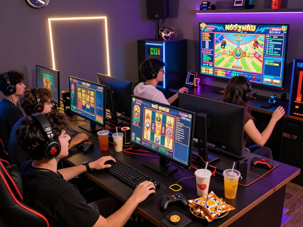 Friends enjoying an intense nổ hũ gaming session with vibrant lights and game decorations.