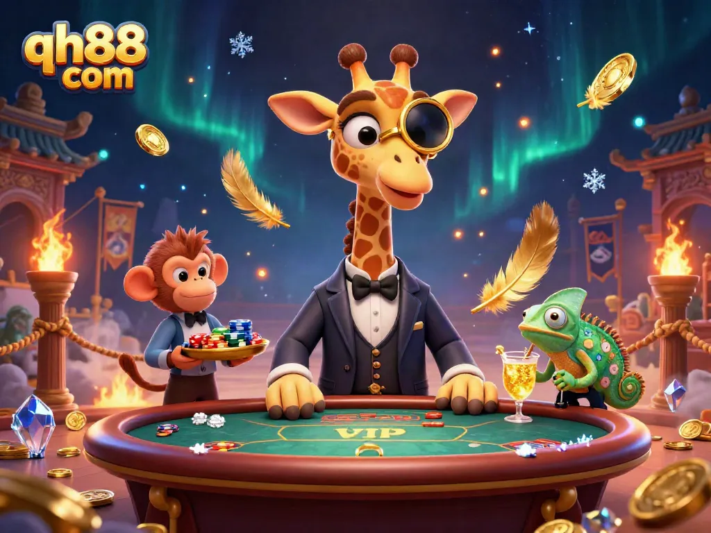 Play exciting games at qh88 com featuring a luxurious giraffe gambler, a monkey valet, and a chameleon bartender.