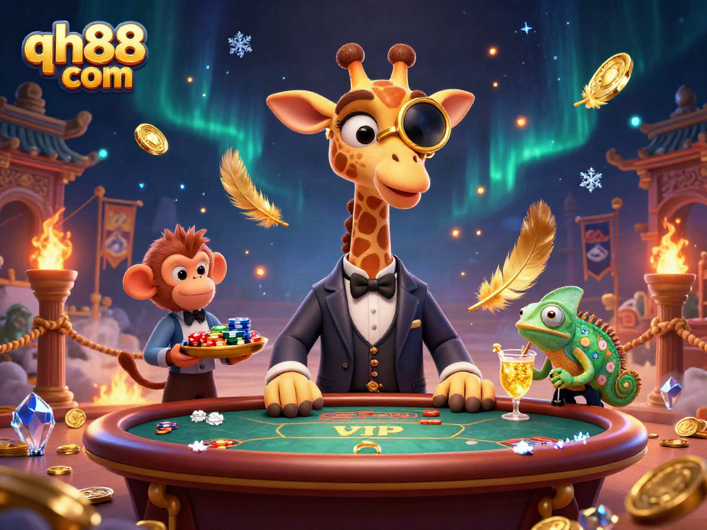 Play exciting games at qh88 com featuring a luxurious giraffe gambler, a monkey valet, and a chameleon bartender.