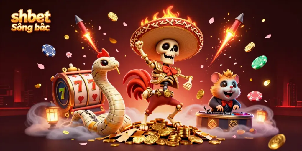 Experience thrilling action with shbet Sòng bạc's dynamic characters celebrating wins amidst gold coins and vibrant casino elements.