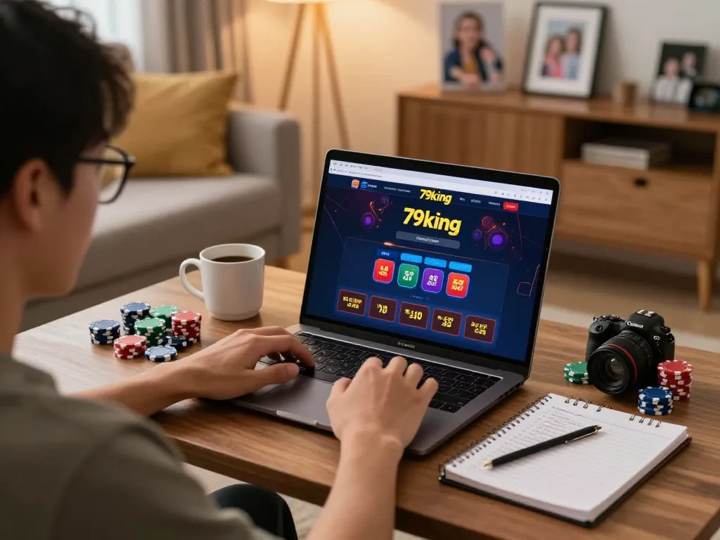 Engaged player accessing trang chủ 79king from home, showcasing a vibrant online gaming setup with laptop and notes.