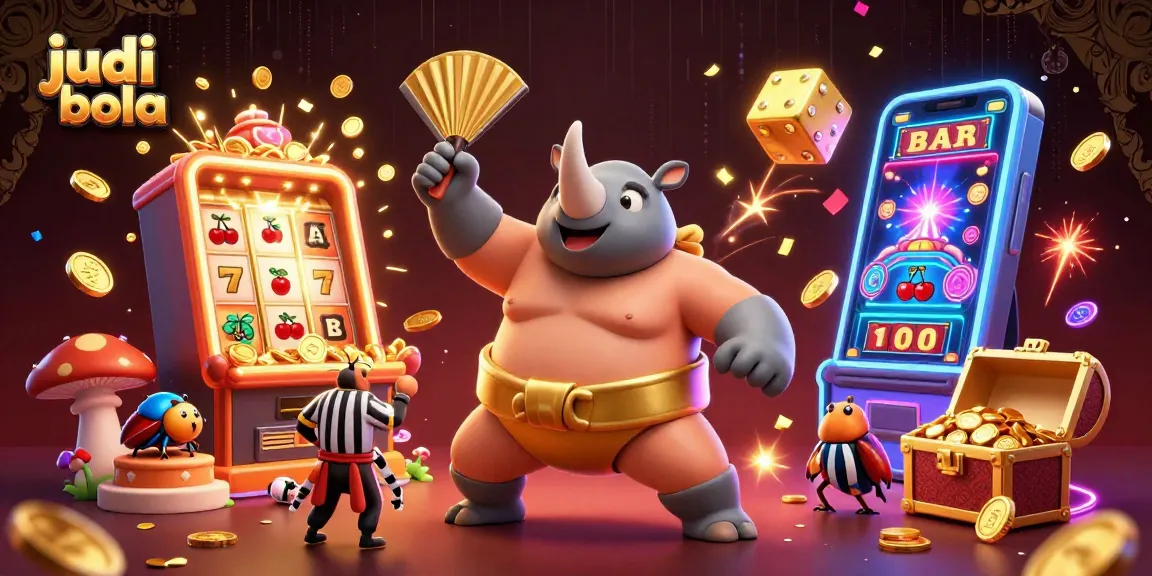 Engage in judi bola betting as the rhino champion stomps, scattering golden coins in a lively casino atmosphere.