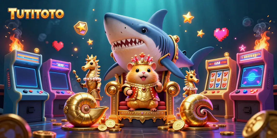 TUTITOTO showcases a vibrant casino scene with a golden hamster king, megalodon throne, and gaming elements.