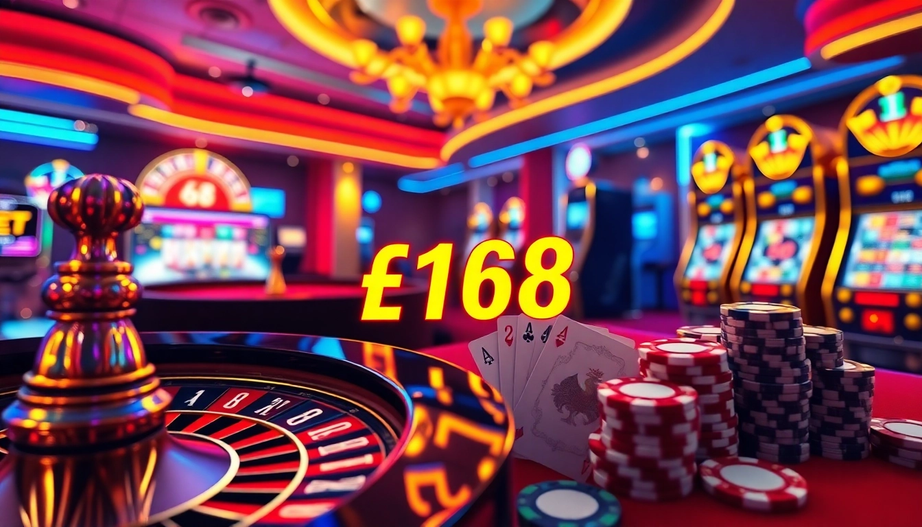 Exciting F168 online casino interface with roulette wheel, poker chips, and vibrant atmosphere.