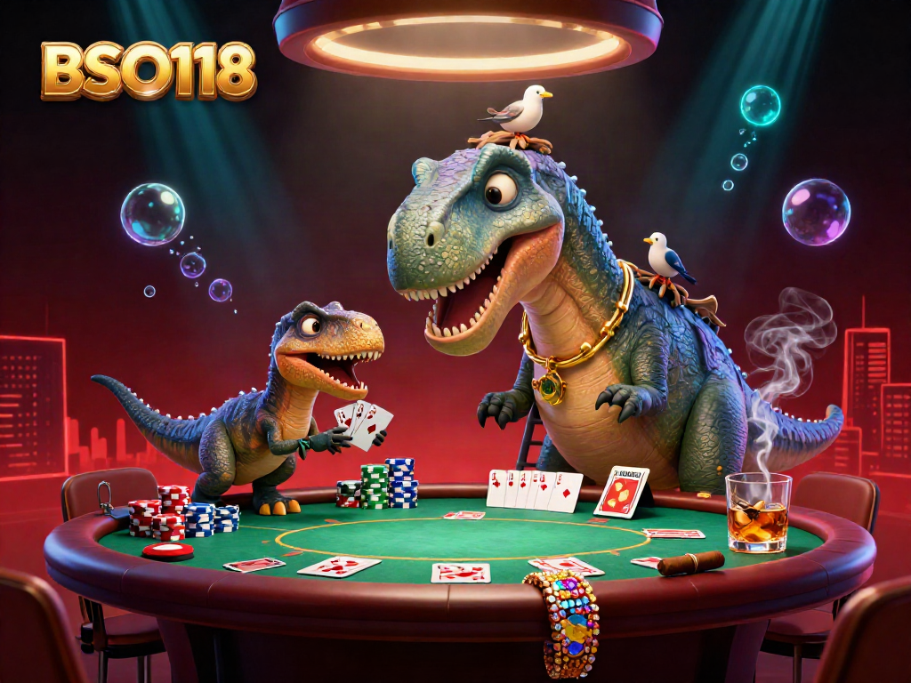 Engage thrilling poker action at BSO118 with a brontosaurus overseeing an exciting game.