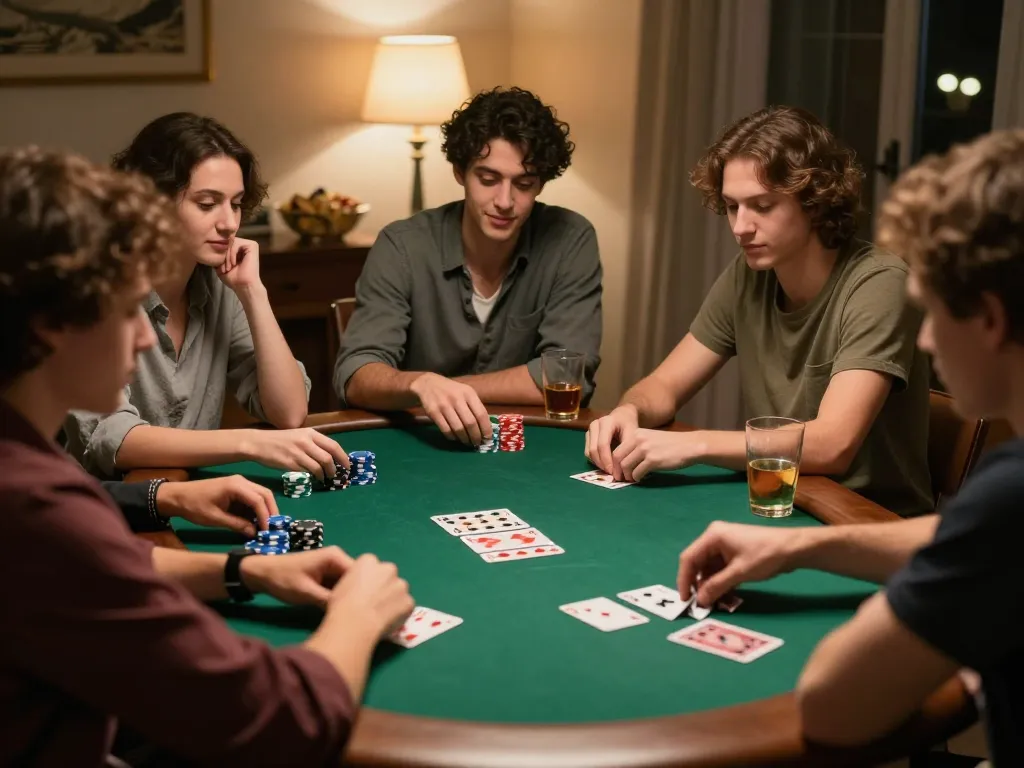 Players enjoying a competitive poker night at home with friends, showcasing their strategic moves at the game around a table.