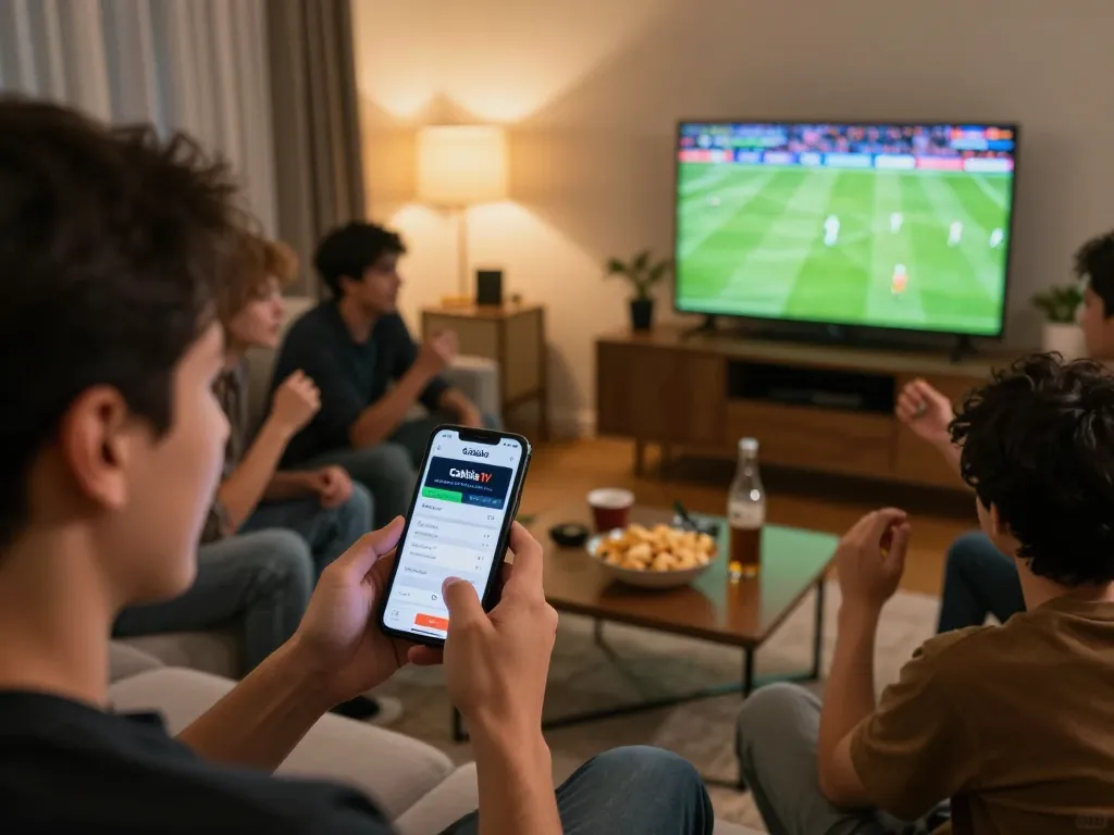A person engaging with Cakhia tv for live sports betting while watching soccer at home, creating an immersive experience.