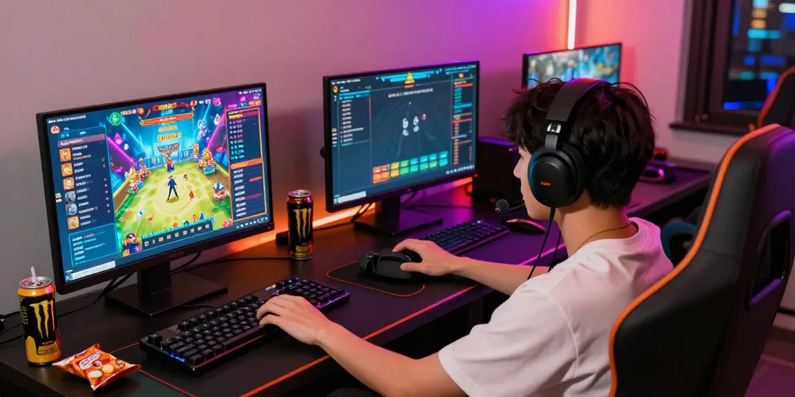 Pengguna Harum4d sedang bermain game online dengan antusias di ruangan yang penuh lampu LED.