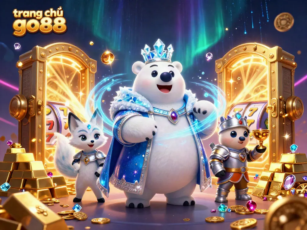 Experience exciting gaming at trang chủ go88 with a dynamic illustration of an ice king polar bear and treasures.